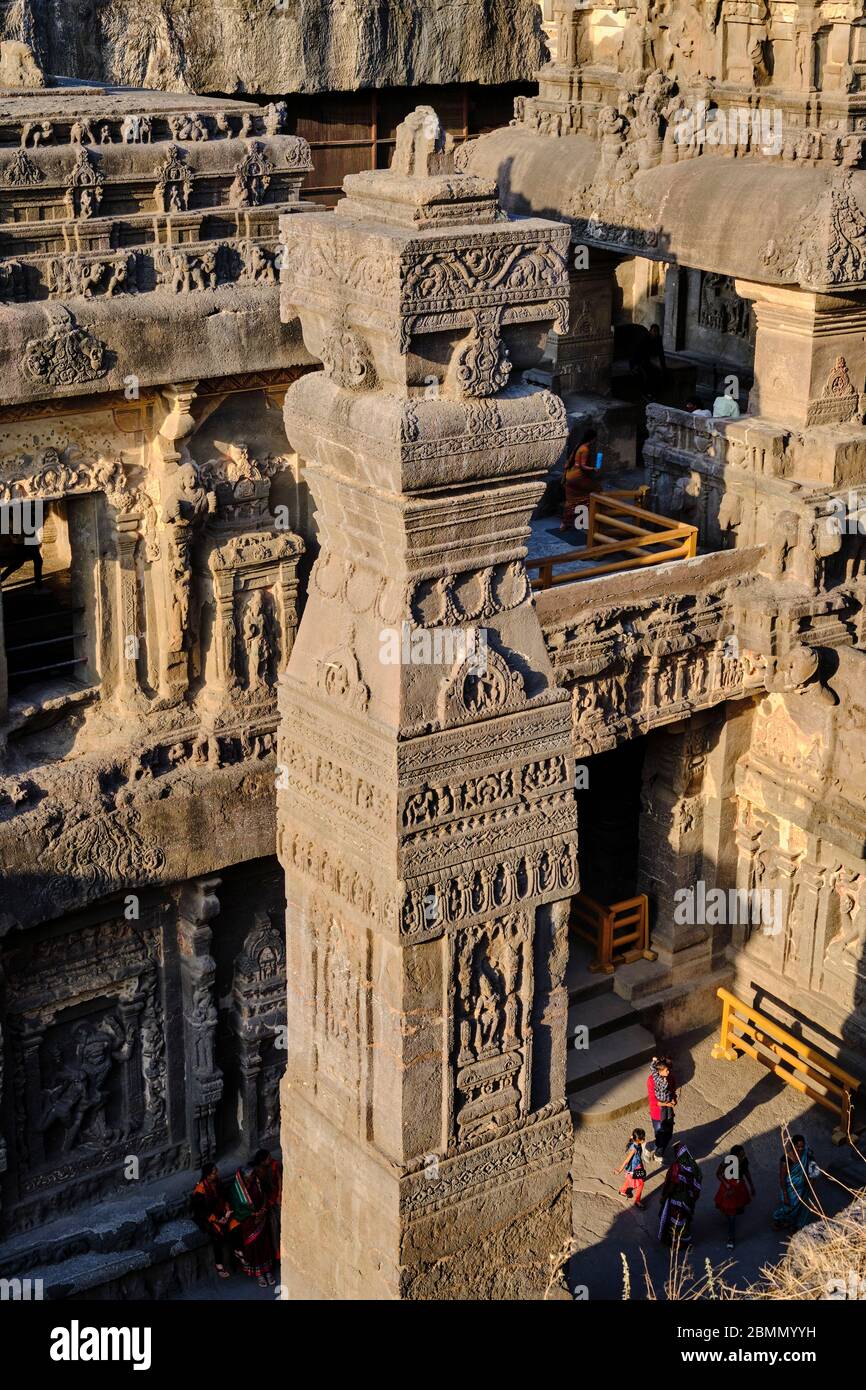 Inde, Maharashtra, temple de la grotte d'Ellora, patrimoine mondial de l'UNESCO, temple de Kailash, 8ème siècle, grotte N°16 Banque D'Images