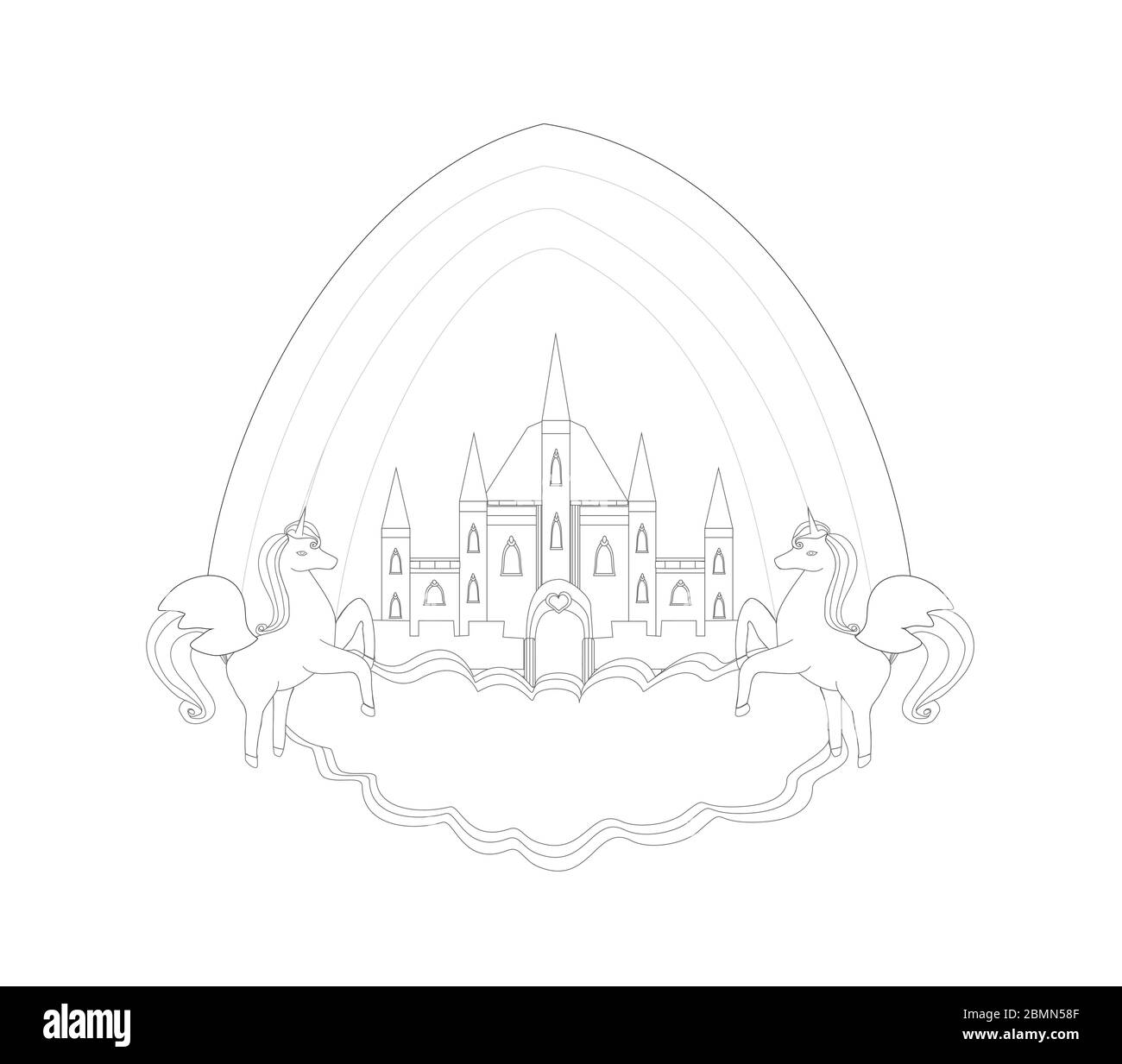 cadre de château de conte de fées et licornes volantes - livre de coloriage Illustration de Vecteur