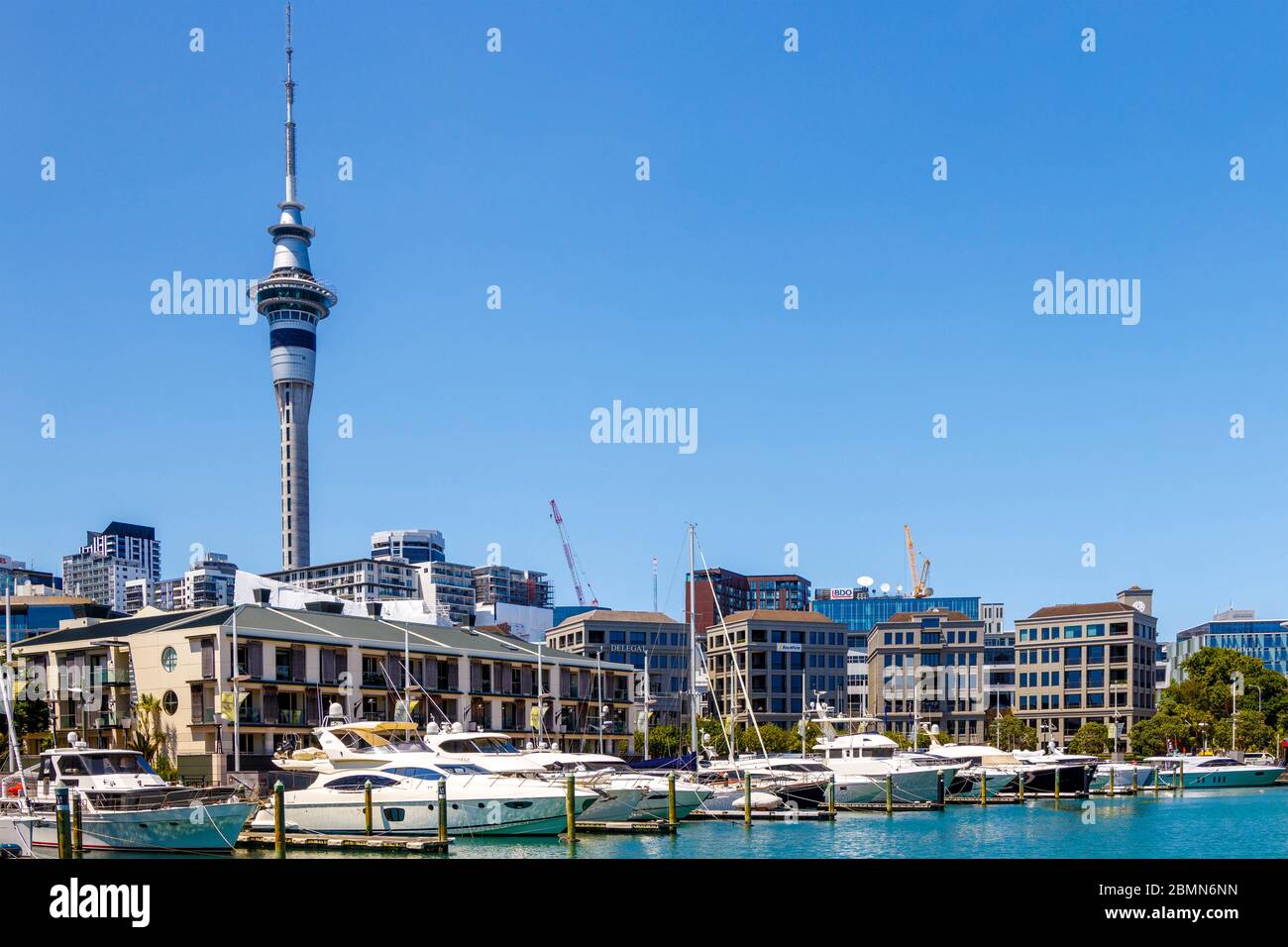 Vue sur Viaduct Marina vers la Sky Tower à Auckland, Nouvelle-Zélande. Banque D'Images