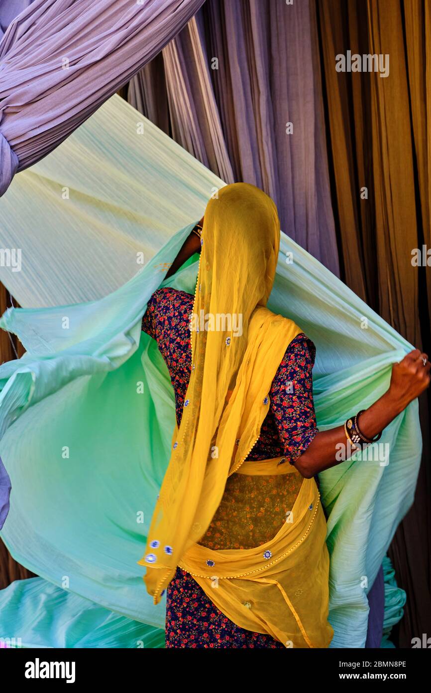 Inde, Rajasthan, Sari Factory, textile sont séchés à l'air libre, la collecte de textile sec sont pliés par des femmes Banque D'Images