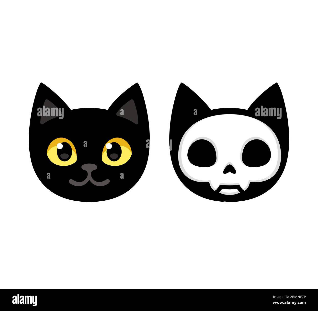 Tête de chat noire de dessin animé avec crâne, illustration de chat de Schrodinger mignon, à moitié mort et vivant. Motif Halloween clip art amusant. Illustration de Vecteur