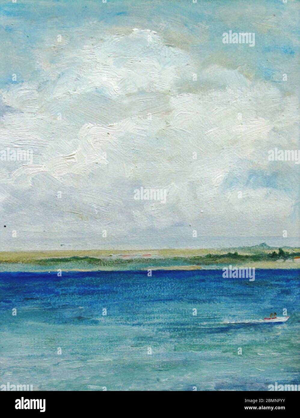 Peinture à l'huile originale de la mer et de la plage sur toile. Gros nuage sur la mer. Banque D'Images