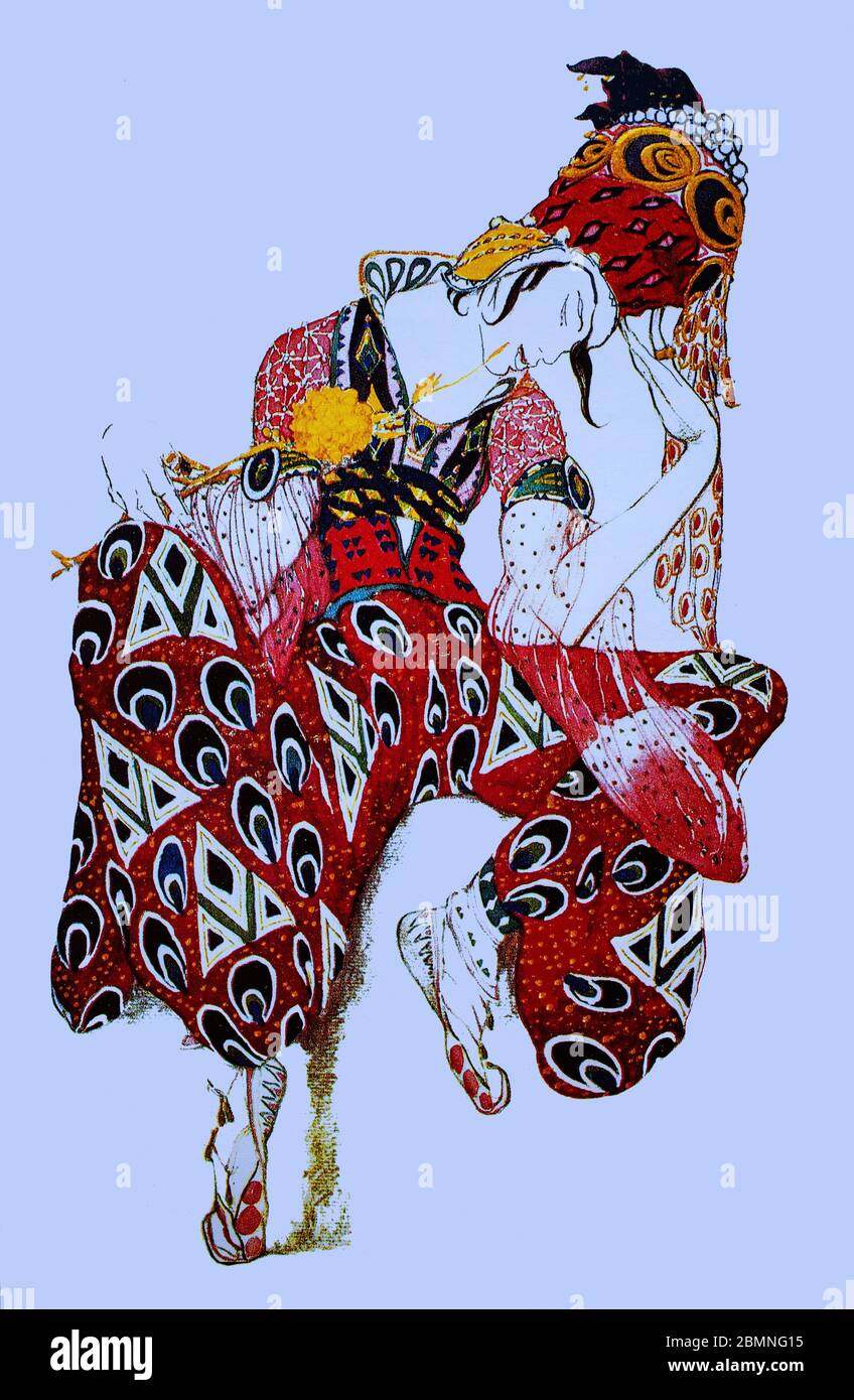 Création de costumes par Léon Bakst (1866-1924), peintre russe, scénographe et couturier du ballet la Péri, ballet de 1912 en un acte du compositeur français Paul Dukas, chorégraphié à l'origine par Ivan Clusterine et interprété pour la première fois à Paris, à propos d'Iskender (le nom d'Alexandre le Grand en persan) Recherche de l'immortalité et de sa rencontre avec un Peri mythologique. Banque D'Images