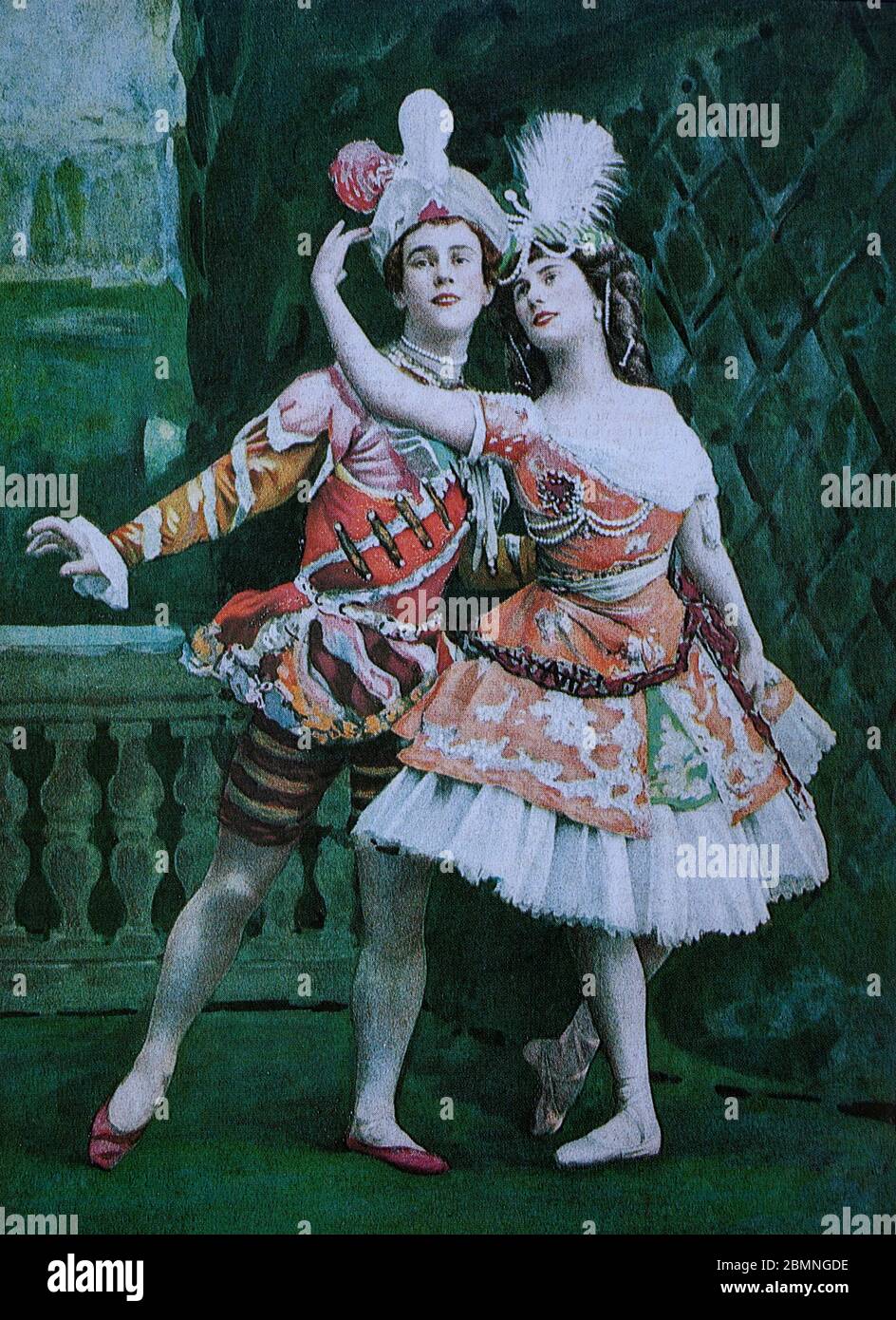 Danseuses russes Vaslav Nijinsky (1889-1950), danseuse de ballet et chorégraphe citée comme la plus grande danseuse masculine du début du XXe siècle et Anna Pavlova (1881-1931), une ballerine prima russe de la fin du XIXe siècle et du début du XXe siècle. Du journal français 'le Theatre', du 1er mai 1909. Banque D'Images