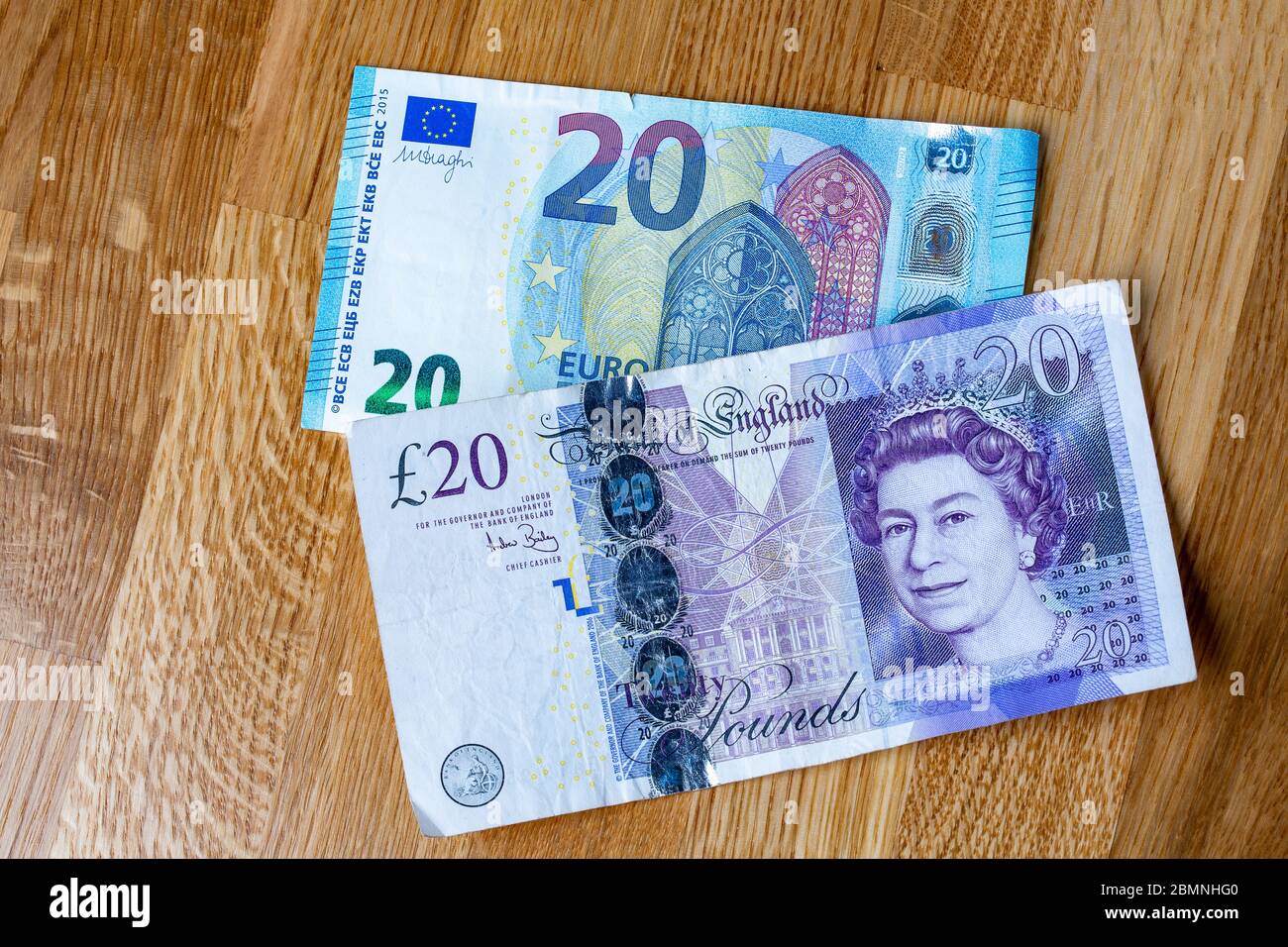 Note de vingt livres avec une note de vingt euros, monnaie combinée Banque D'Images