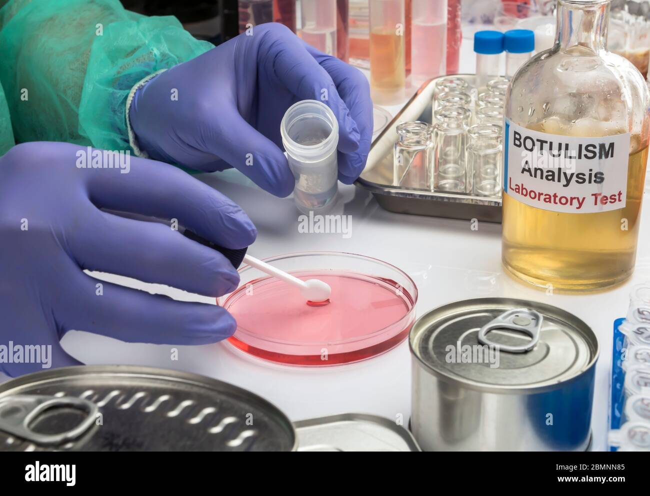 Un laboratoire scientifique expérimenté analyse un échantillon d'une boîte de conserve, infection botulisme chez les malades, image conceptuelle Banque D'Images