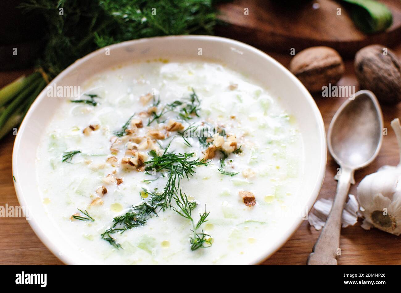 Tardateur à soupe froide au yaourt bulgare - fait avec du yaourt, des concombres, de l'ail, de l'huile d'olive, de l'aneth et des noix. Disposés dans une tasse en céramique avec une vieille cuillère Banque D'Images