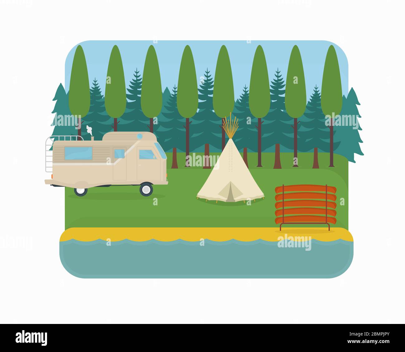 Camping paysage illustration, van, forêt, tente tipi, canoë Illustration de Vecteur