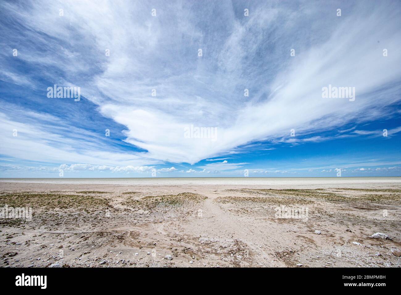 Les nuages s'étendent au-dessus de la Pan Etosha et des plaines du Parc national Etosha en Namibie, en Afrique. Banque D'Images