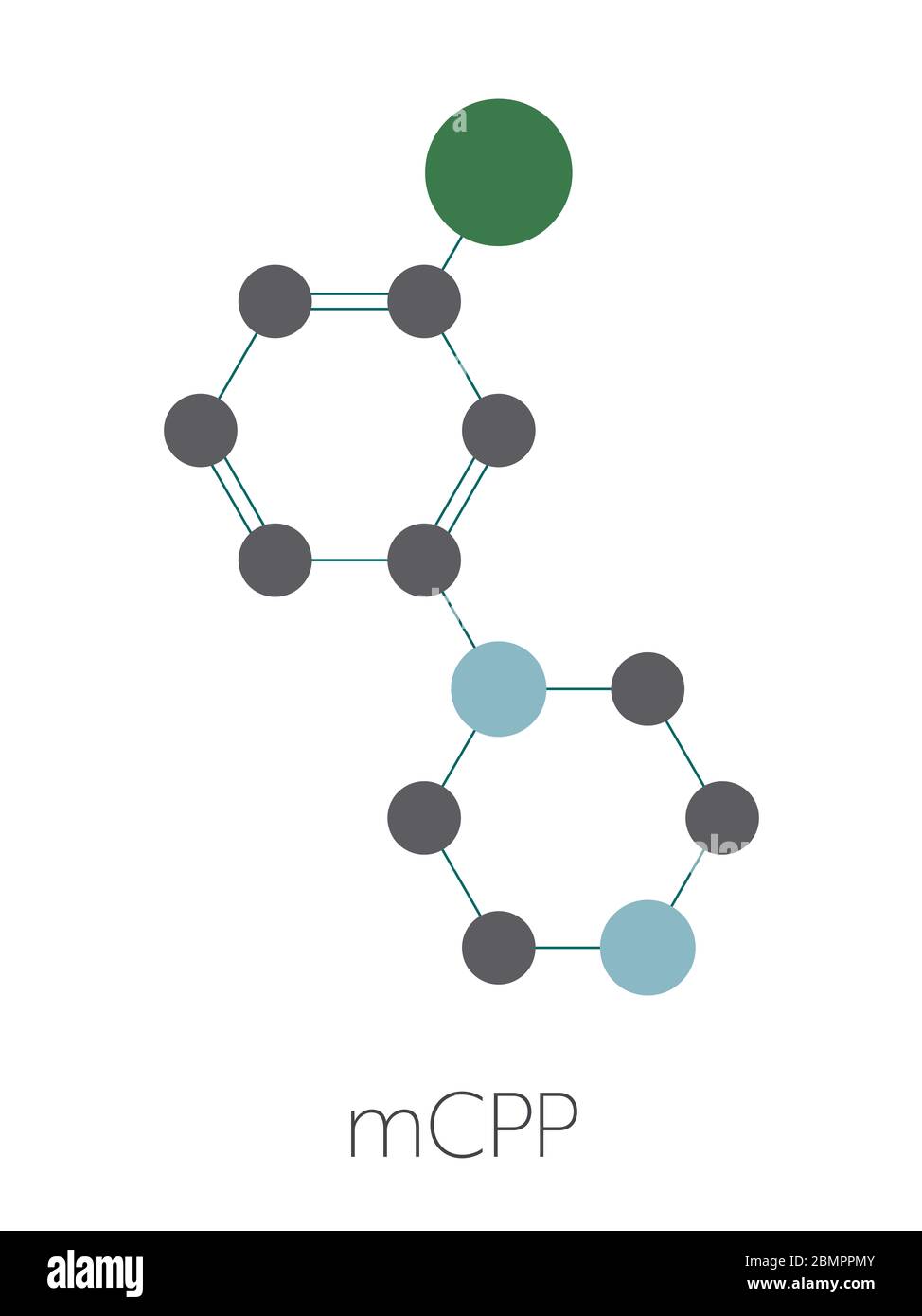 Molécule de médicament psychoactif de la méta-chlorophényl-pipérazine (MCPP). Formule squelettique stylisée (structure chimique) : les atomes sont représentés par des cercles de couleur : hydrogène (caché), carbone (gris), azote (bleu), azote (bleu), chlore (vert). Banque D'Images