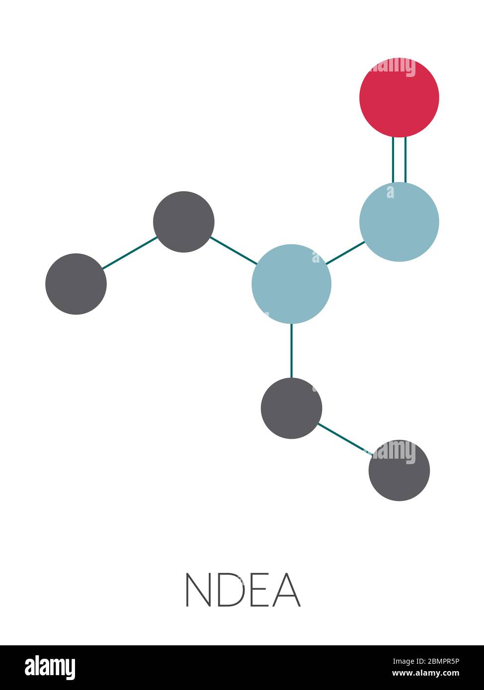 Molécule cancérogène de la N-nitroso-diéthylamine ou de la NDEA. Formule squelettique stylisée (structure chimique) : les atomes sont représentés par des cercles de couleur : hydrogène (caché), carbone (gris), oxygène (rouge), azote (bleu). Banque D'Images