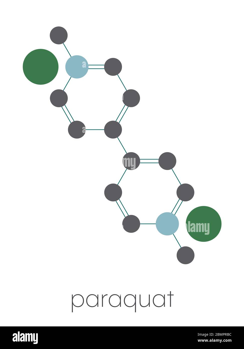 Molécule d'herbicide paraquat formule squelettique stylisée (structure chimique) : les atomes sont représentés par des cercles de couleur : hydrogène (caché), carbone (gris), azote (bleu). Banque D'Images