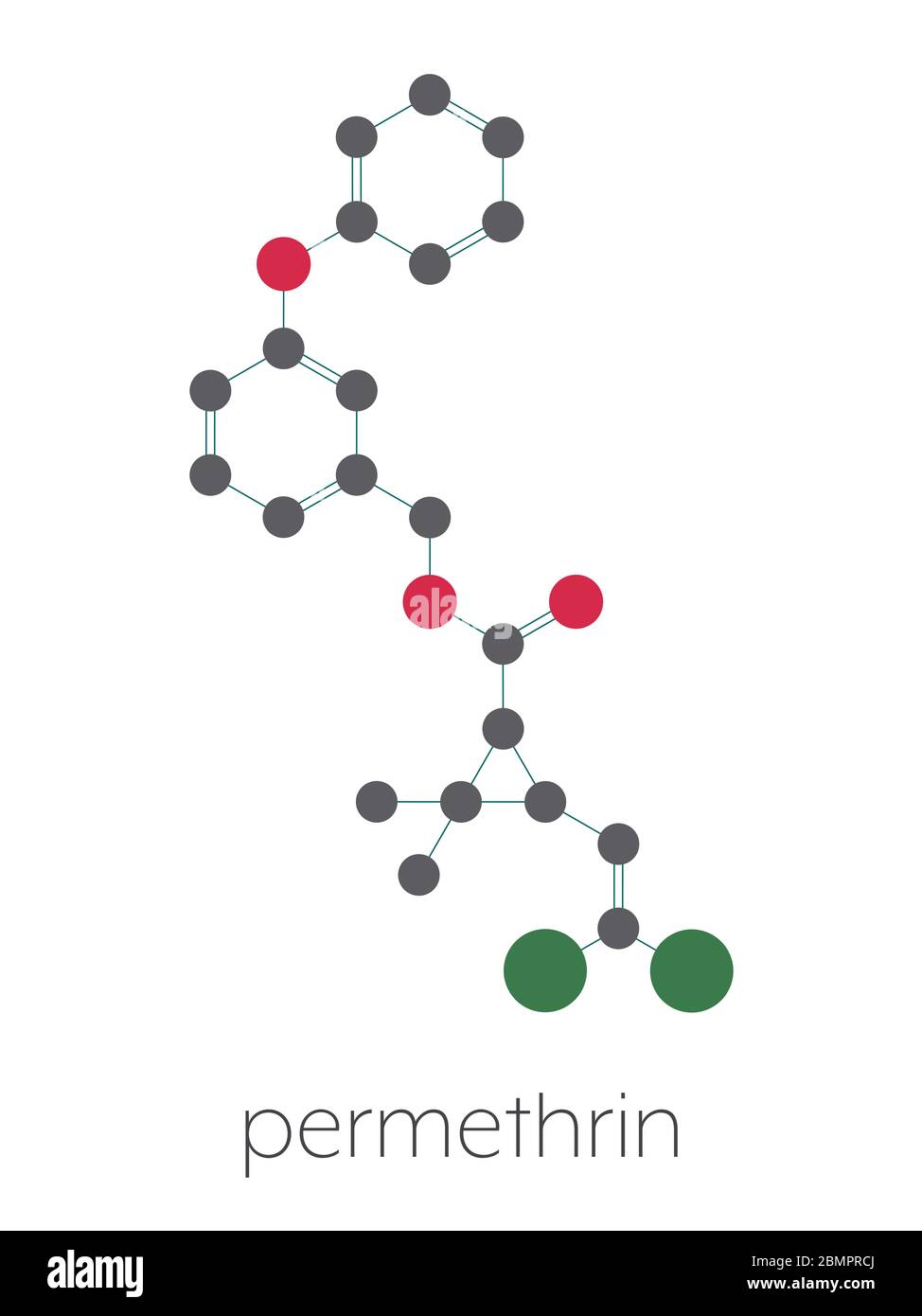 Insecticide pyréthroïde perméthrine. Utilisé pour traiter la gale et les  poux de tête chez l'homme. Utilisé pour imprégner les moustiquaires et dans  les colliers à puces pour chiens. Formule squelettique stylisée (structure