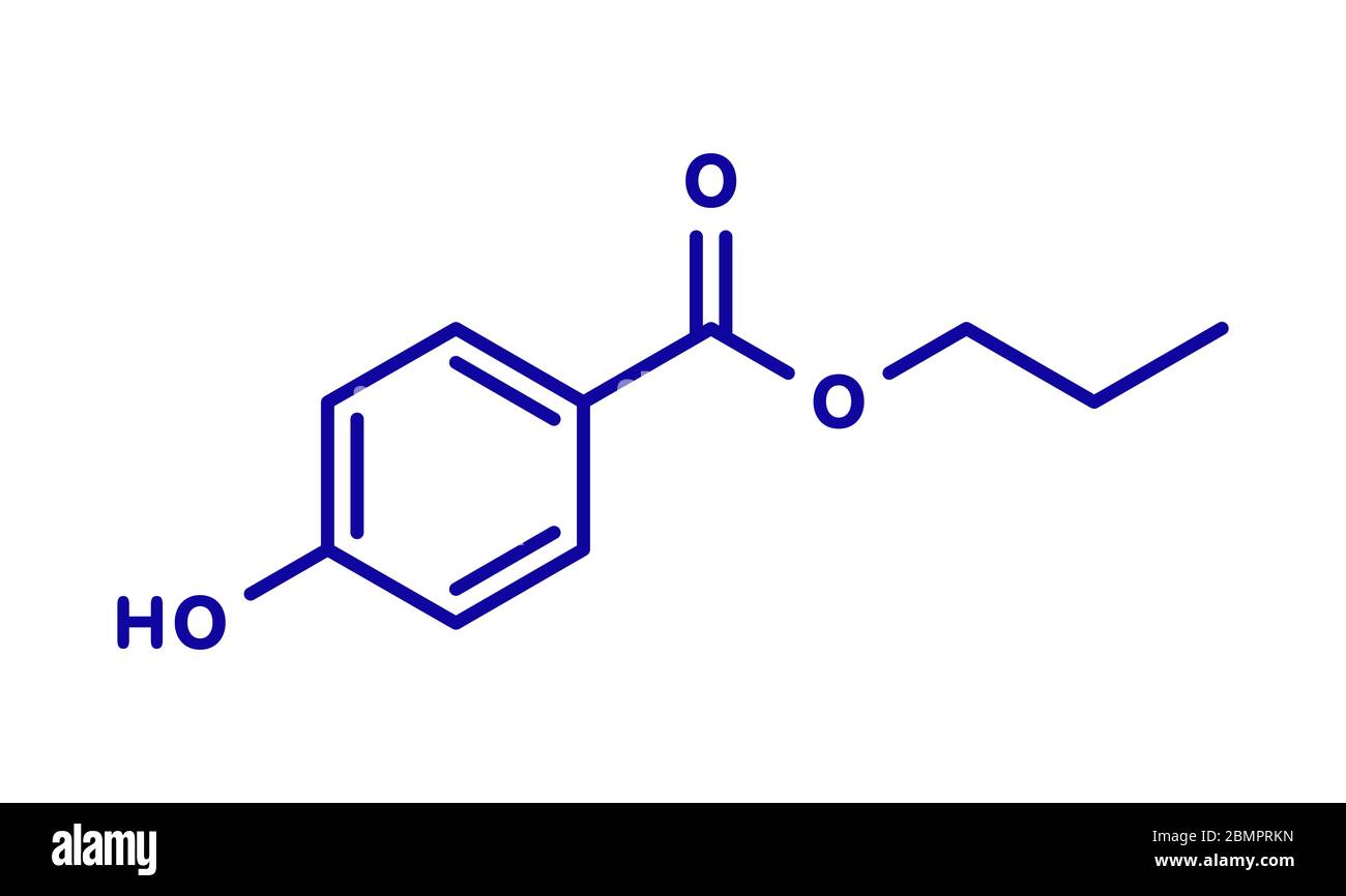 Molécule de conservateur de propyle parabène. Utilisé dans les aliments et les cosmétiques. Formule squelettique. Banque D'Images