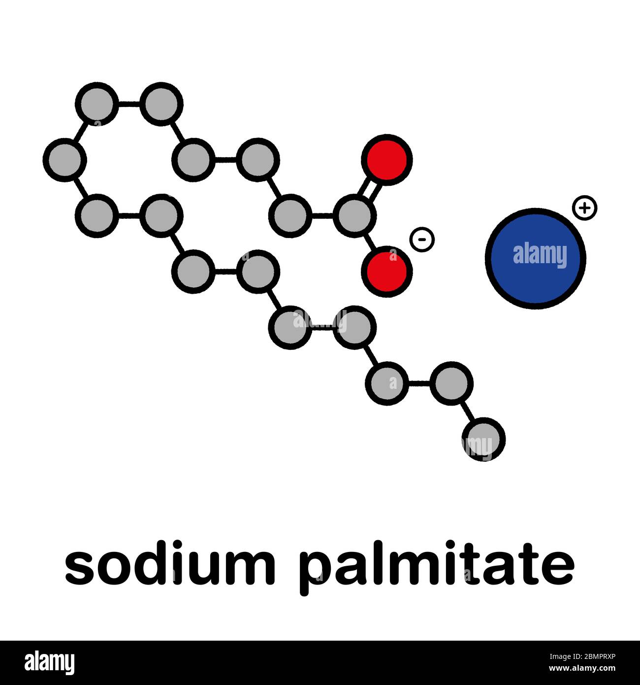Molécule de savon de palmitate de sodium. Préparé à partir d'huile de palme  par saponification. Formule squelettique stylisée (structure chimique) :  les atomes sont représentés par des cercles de couleur : hydrogène (