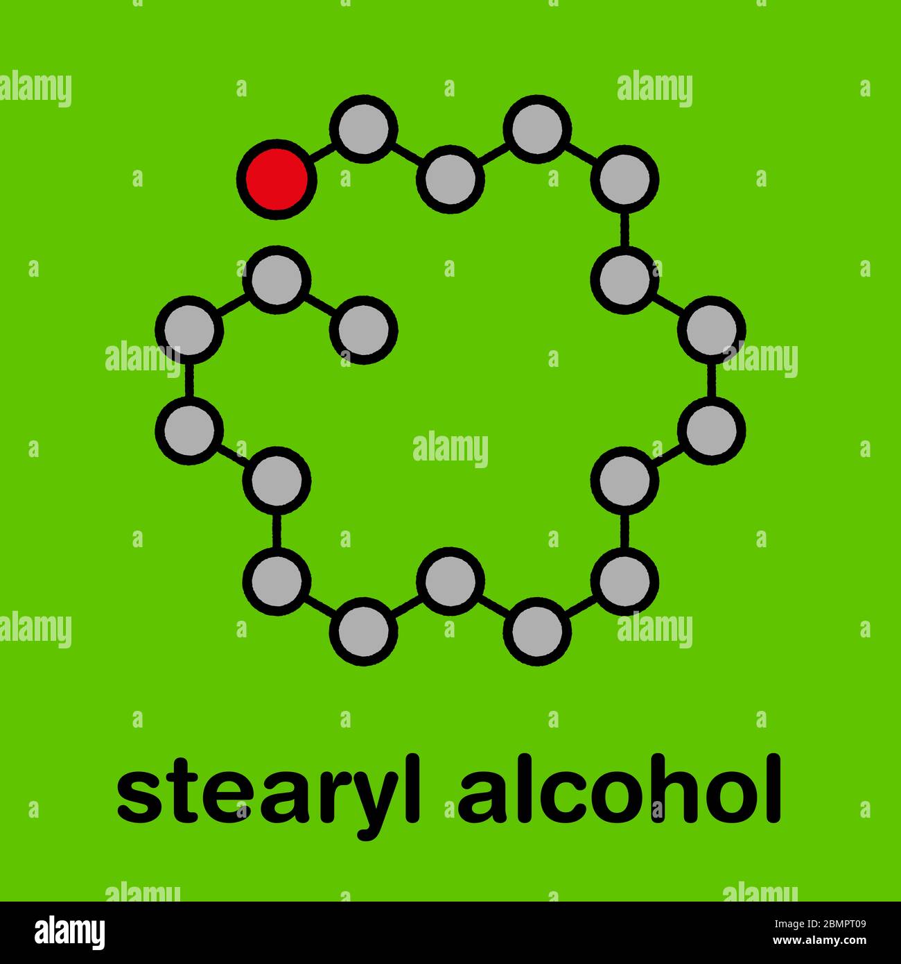 Molécule d'alcool stéaryle. Constituant de l'alcool cétostéaryle (alcool  cétéarylique, alcool cétylstéaryle). Formule squelettique stylisée  (structure chimique) : les atomes sont représentés par des cercles de  couleur : hydrogène (caché), carbone (gris ...