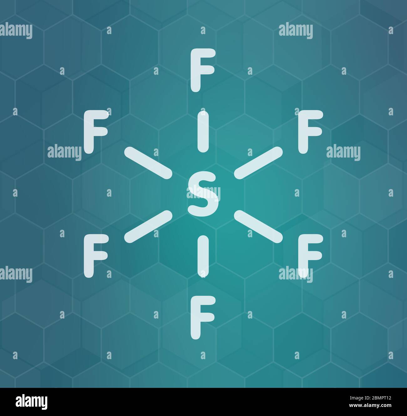 Molécule d'isolant de gaz hexafluorure de soufre. Les microbulles sont utilisées comme produit de contraste pour l'imagerie échographique. Gaz à effet de serre puissants. Formule squelettique. Banque D'Images