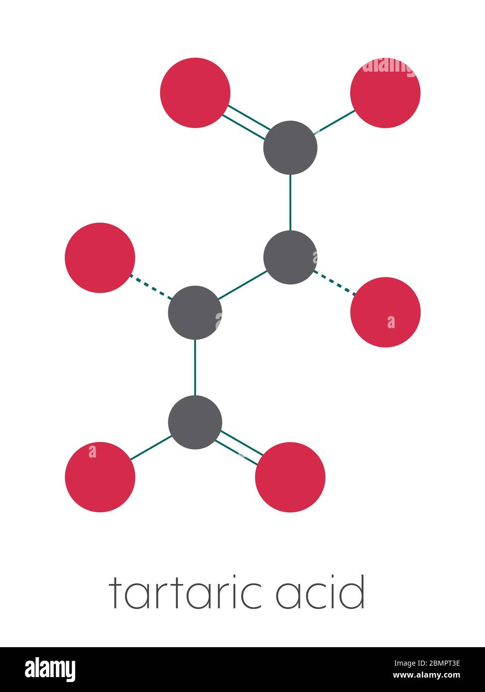 Molécule d'acide tartrique (acide dextrotartrique). Acide présent dans le vin, ajouté comme additif oxydant E334 à la nourriture. Formule squelettique stylisée (structure chimique) : les atomes sont représentés par des cercles de couleur : hydrogène (caché), carbone (gris), oxygène (rouge). Banque D'Images