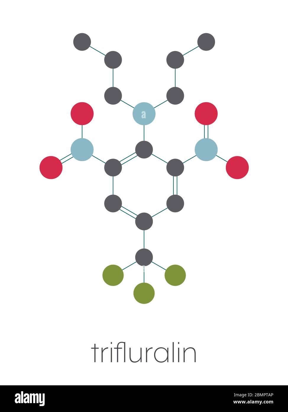 Molécule d'herbicide trifluraline. Formule squelettique stylisée (structure chimique) : les atomes sont représentés par des cercles de couleur : hydrogène (caché), carbone (gris), azote (bleu), oxygène (rouge), fluor (cyan). Banque D'Images