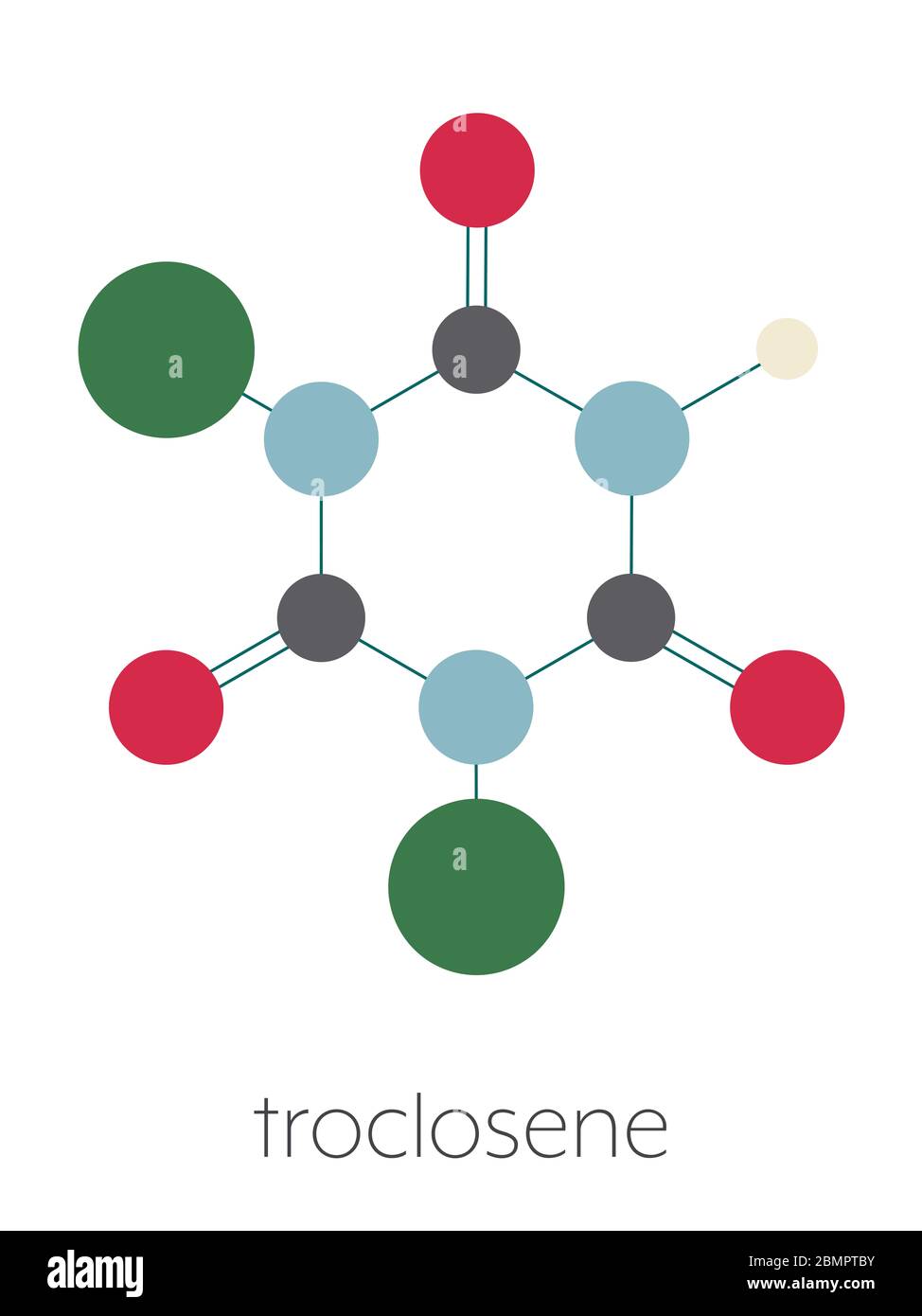 Molécule de troclosene (acide dichloroisocyanurique). Utilisé comme  désinfectant, déodorant, biocide, détergent et pour la purification de  l'eau. Formule squelettique stylisée (structure chimique) : les atomes sont  représentés par des cercles de couleur :