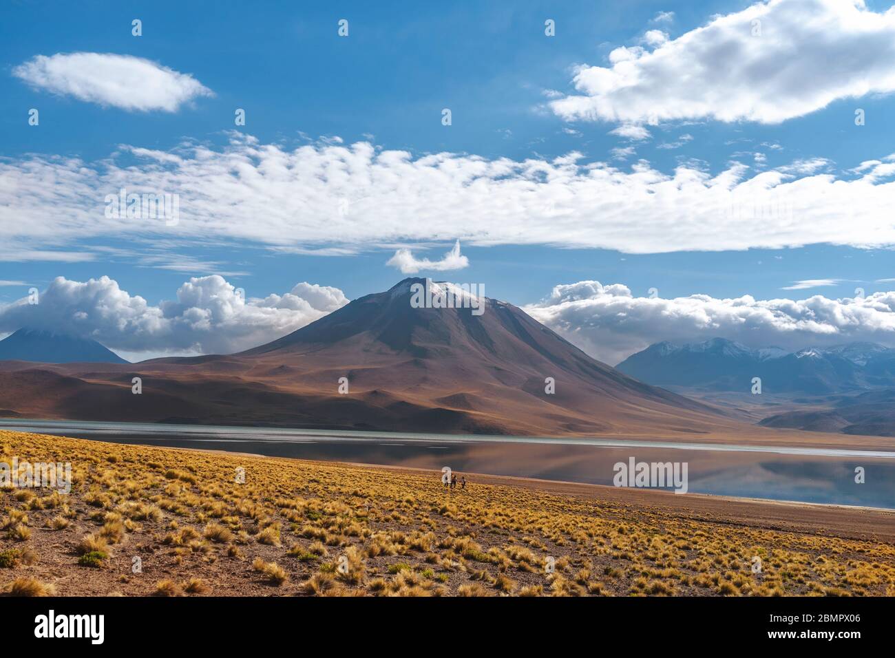 Touristes explorant le lac Miscanti (en espagnol : Laguna Miscanti) dans le désert d'Atacama, nord du Chili, Amérique du Sud. Banque D'Images