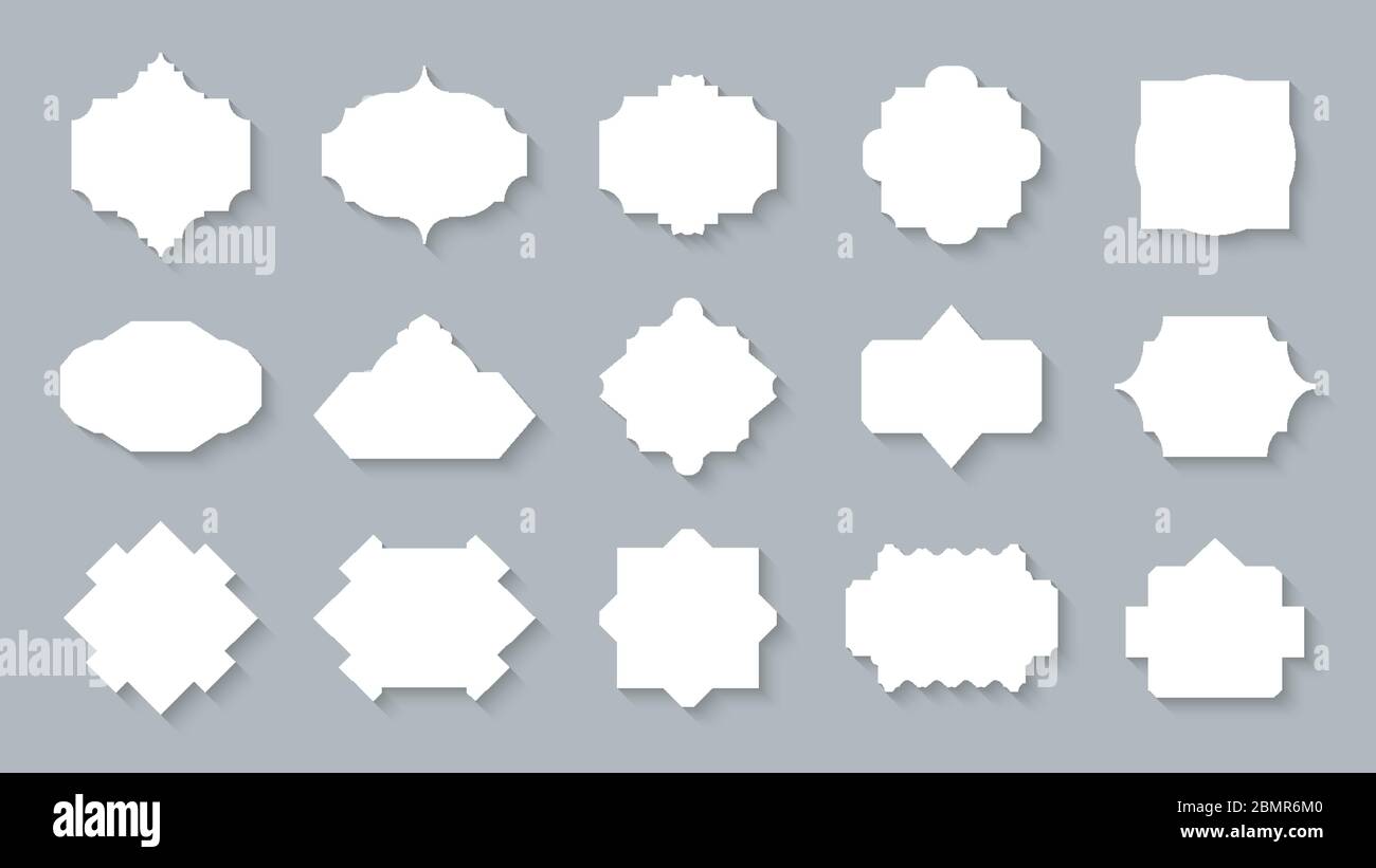 Ensemble de plats rétro vintage avec étiquettes blanches. Cadre d'étiquette de prix de vente vierge. Modèle de bordure vide de forme différente pour la carte, la bannière de texte, l'invitation de mariage, le menu. Autocollant élégance isolé. Illustration vectorielle Illustration de Vecteur