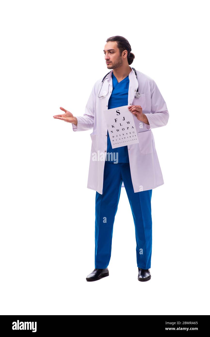 Jeune oculiste mâle isolé sur le blanc Banque D'Images