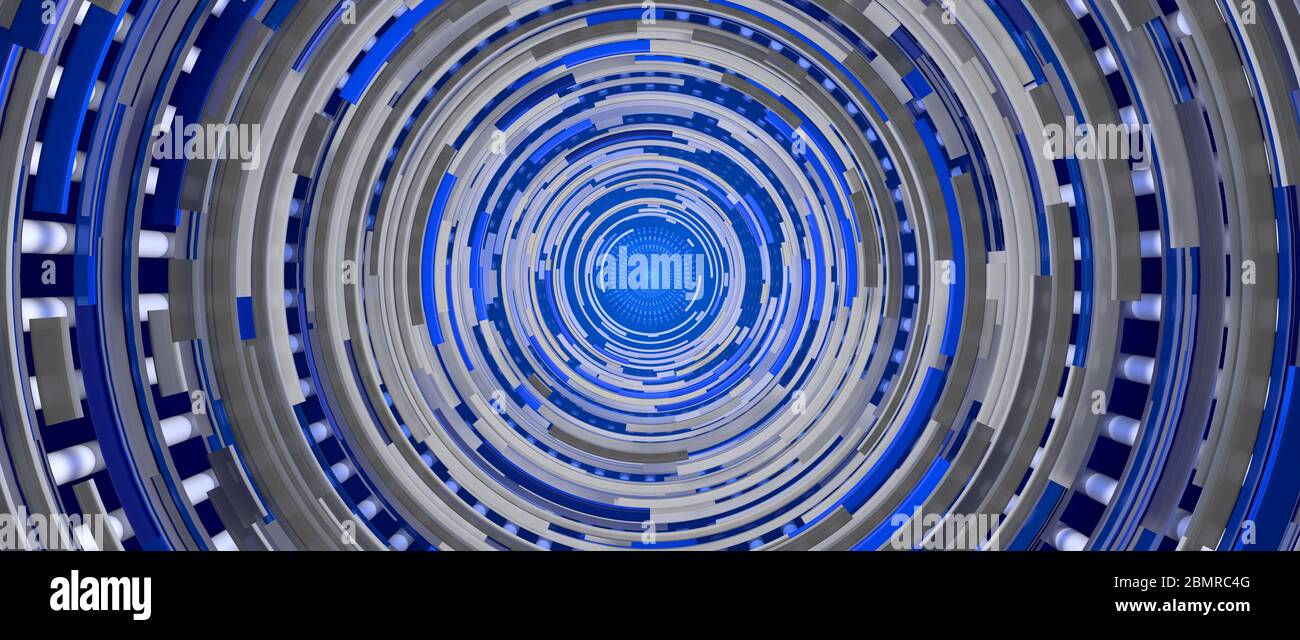 Tunnel rond à l'intérieur d'un vaisseau spatial formé par une structure métallique argentée avec des lumières bleues. Illustration 3D Banque D'Images