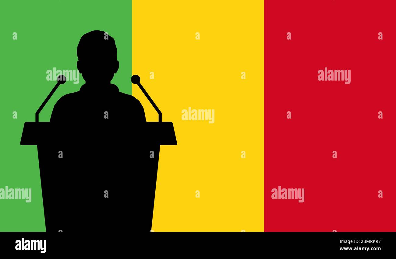 Oratrice parlant de Tribune Mali fond drapeau. Discours du Président public au Mali. Concept de conférence de présentation d'homme d'affaires. Illustration de Vecteur
