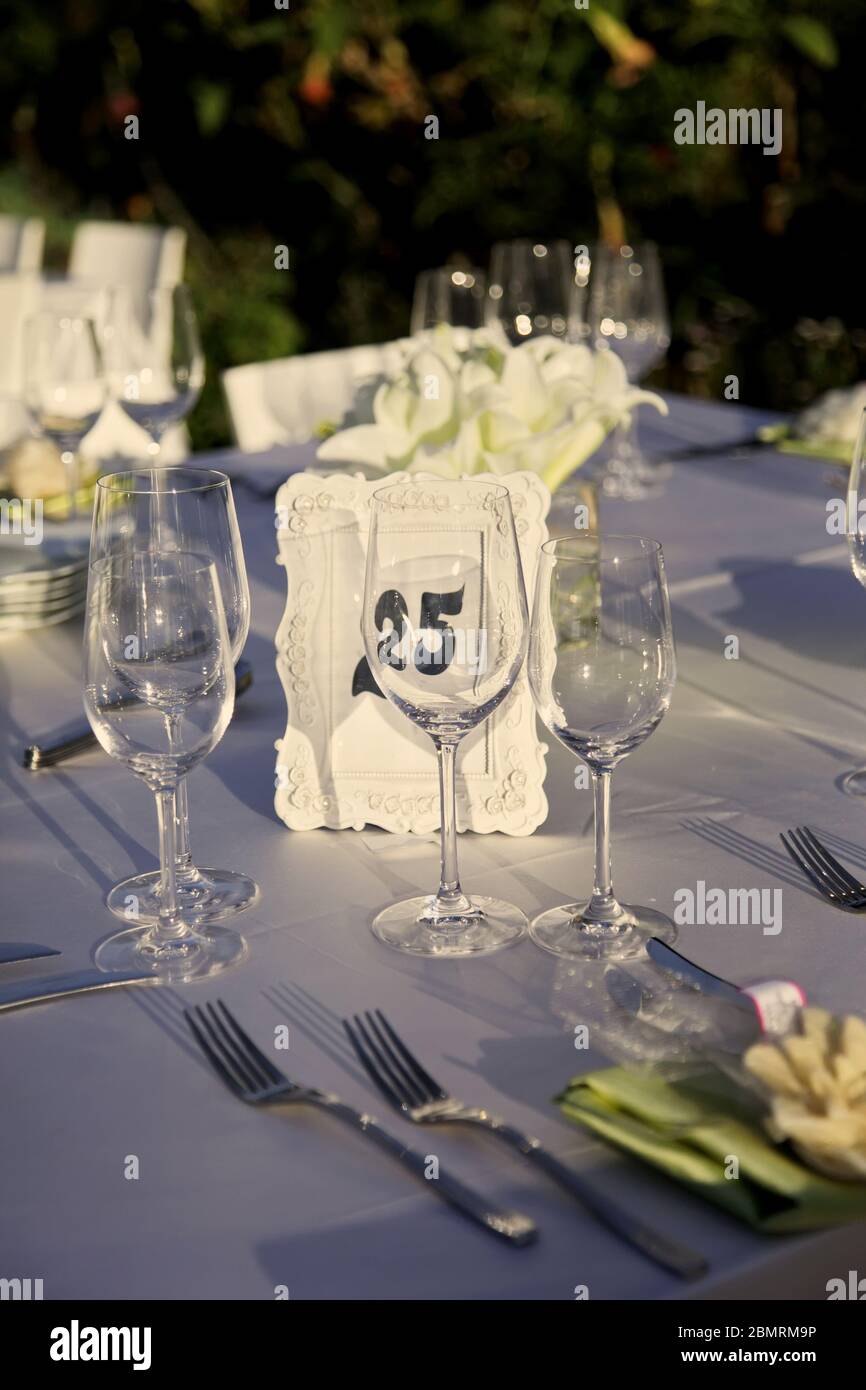 Table décorée pour la fête de mariage, sur la table est un cadre avec des roses et un nombre vingt-cinq. Des images de style vintage. Banque D'Images