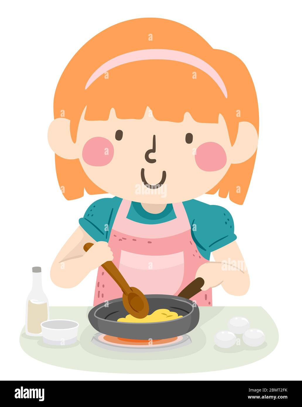 Illustration d'un tablier pour enfant et cuisson d'œufs brouillés à l'aide d'une spatule en bois et d'un récipient Banque D'Images