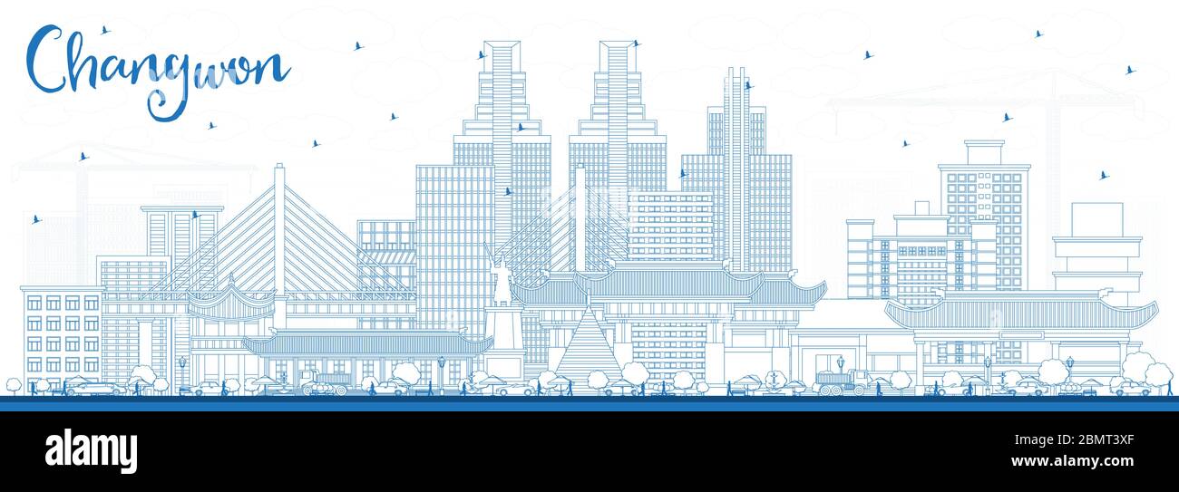 Outline Changwon South Korea City Skyline avec Blue Buildings. Illustration vectorielle. Illustration de Vecteur