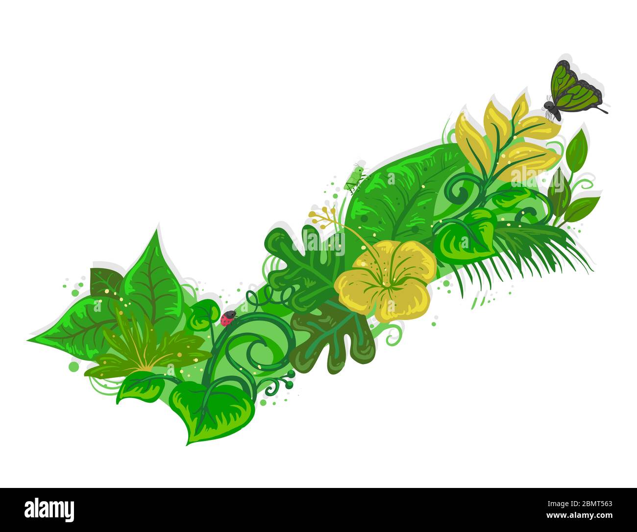 Illustration de fleurs, feuilles, plantes, papillons, betteraves et cabas formant une marque cochée Banque D'Images