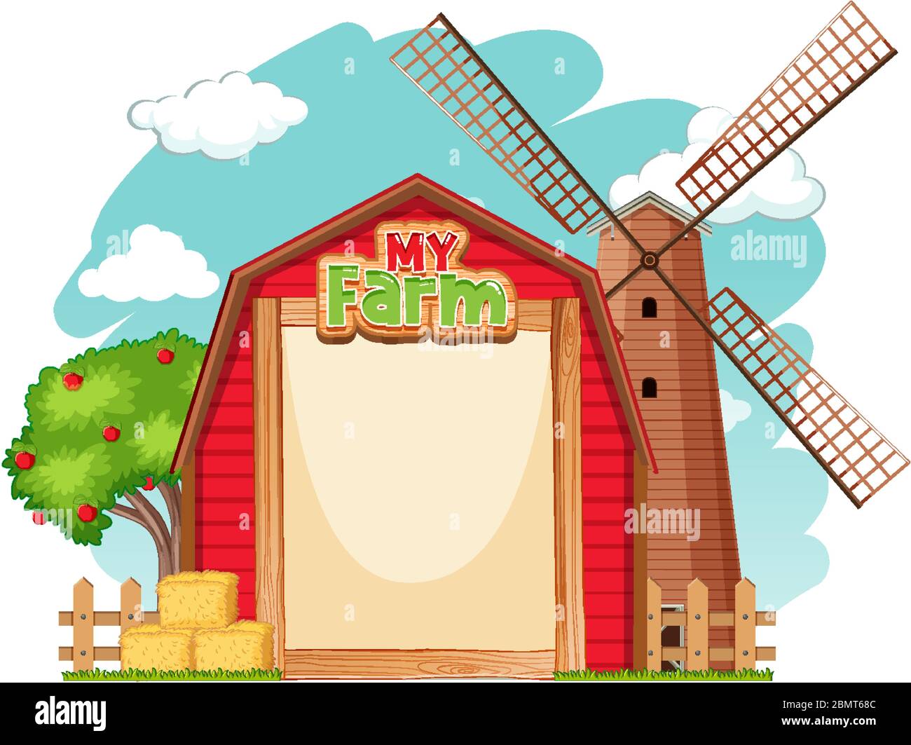 Modèle de bordure avec grange rouge et illustration du moulin à vent Illustration de Vecteur