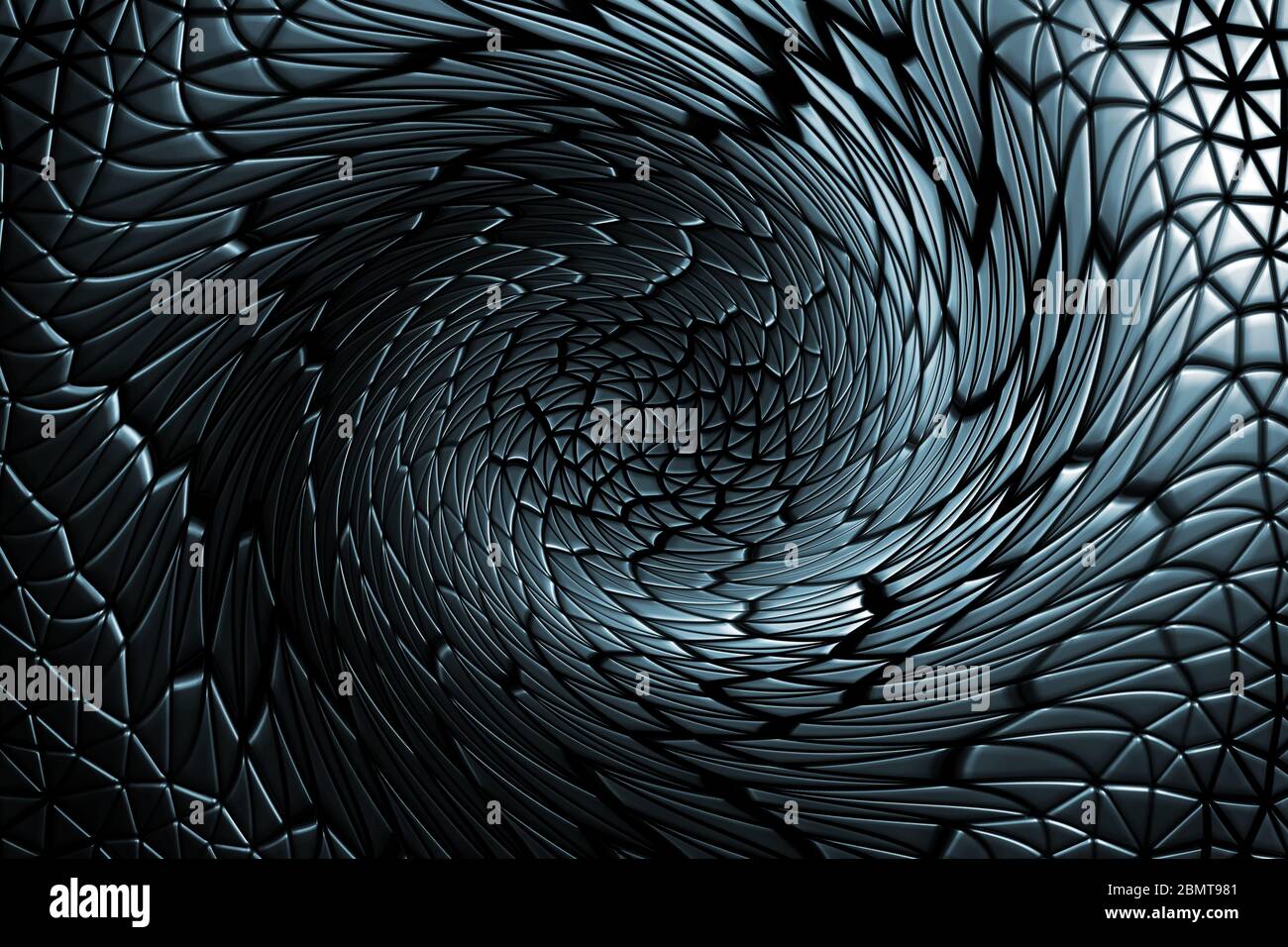Motif 3D géométrique tourbillonnant arrière-plan en cuir, dégradés clairs et sombres ornent circulaire sur noir Banque D'Images