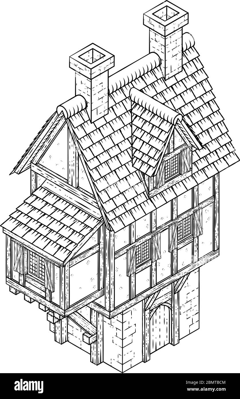 Icône de carte de la maison de ville Fantasy Vintage Tudor Building Illustration de Vecteur