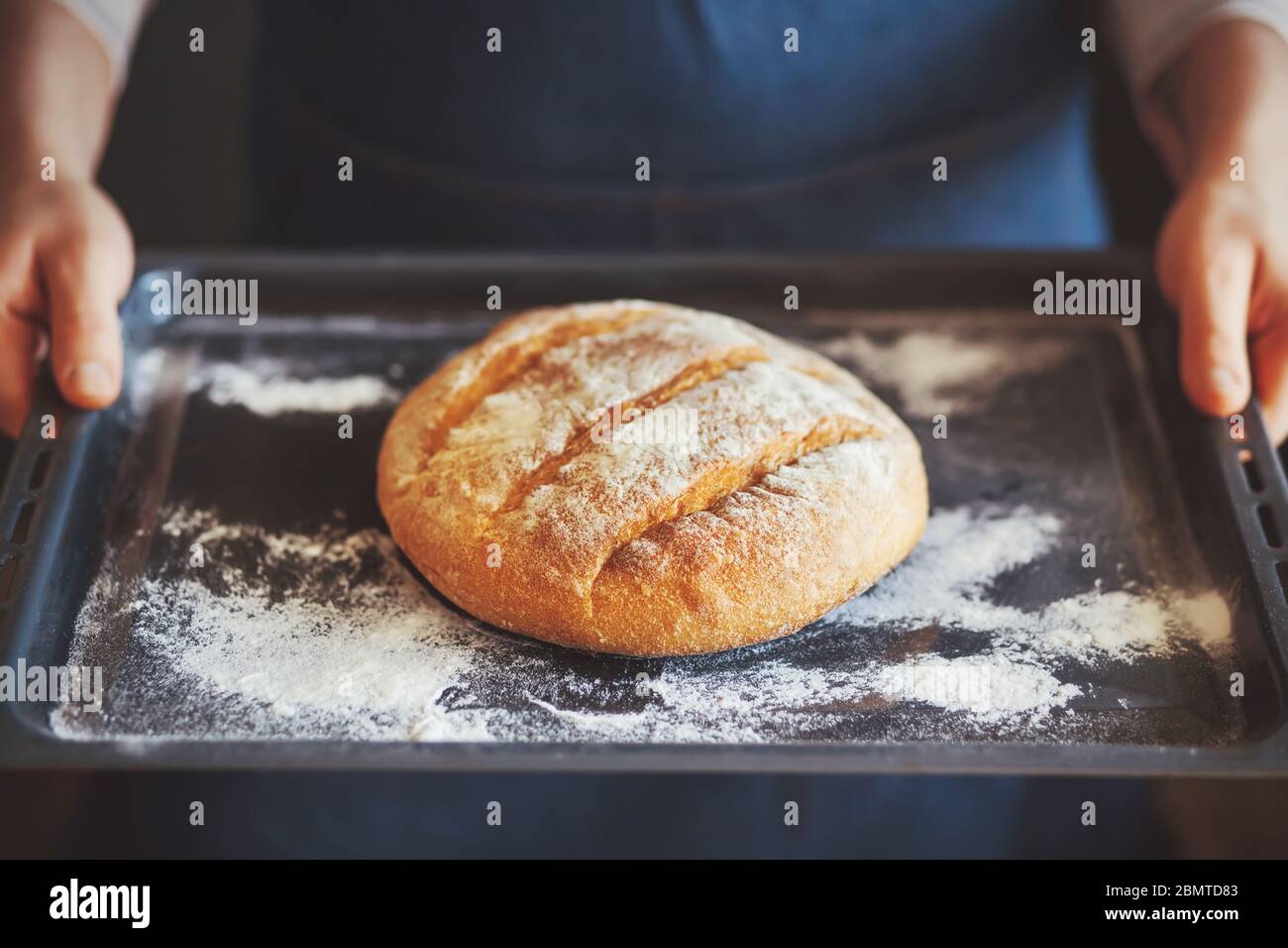 Un cuisinier dans un tablier bleu contient un plateau de pain rond de blé fait maison. Gâteau fait maison. Pain frais. Banque D'Images