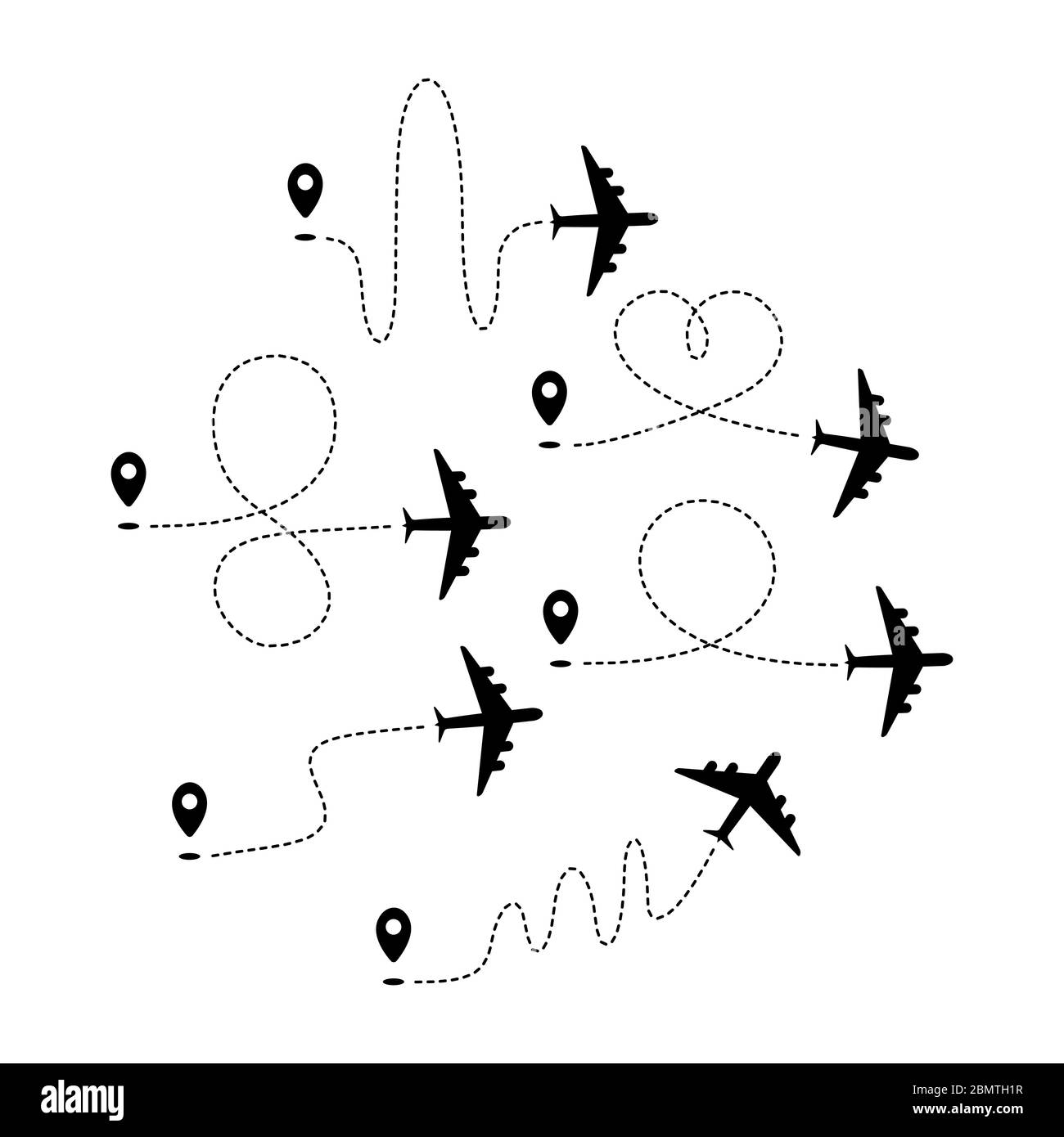 Ensemble de trajectoires de plan avec points de départ et routages en pointillés. Silhouettes noires isolées sur fond blanc. Illustration vectorielle. Illustration de Vecteur