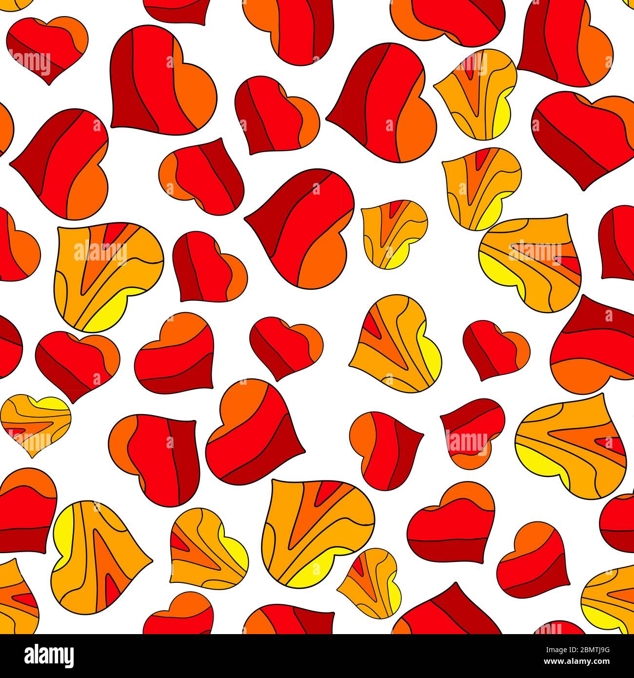 Cœurs de dessin animé amusants. Motif sans couture. Chaotiques cœurs situés. Couleurs jaune, orange et rouge. Illustration de Vecteur