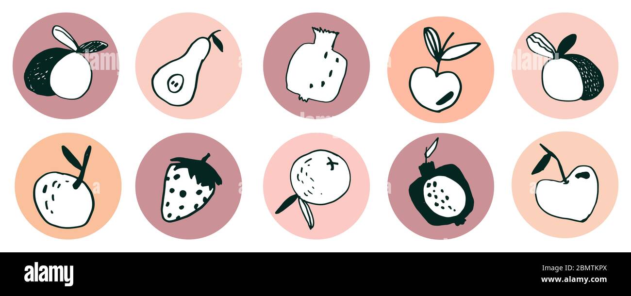 Icônes fruits ensemble pour les temps forts Instagram de couverture de l'histoire, des médias sociaux. Icônes rondes pour les réseaux sociaux. Idéal pour les blogueurs.autocollants vecteur doodle s. Illustration de Vecteur