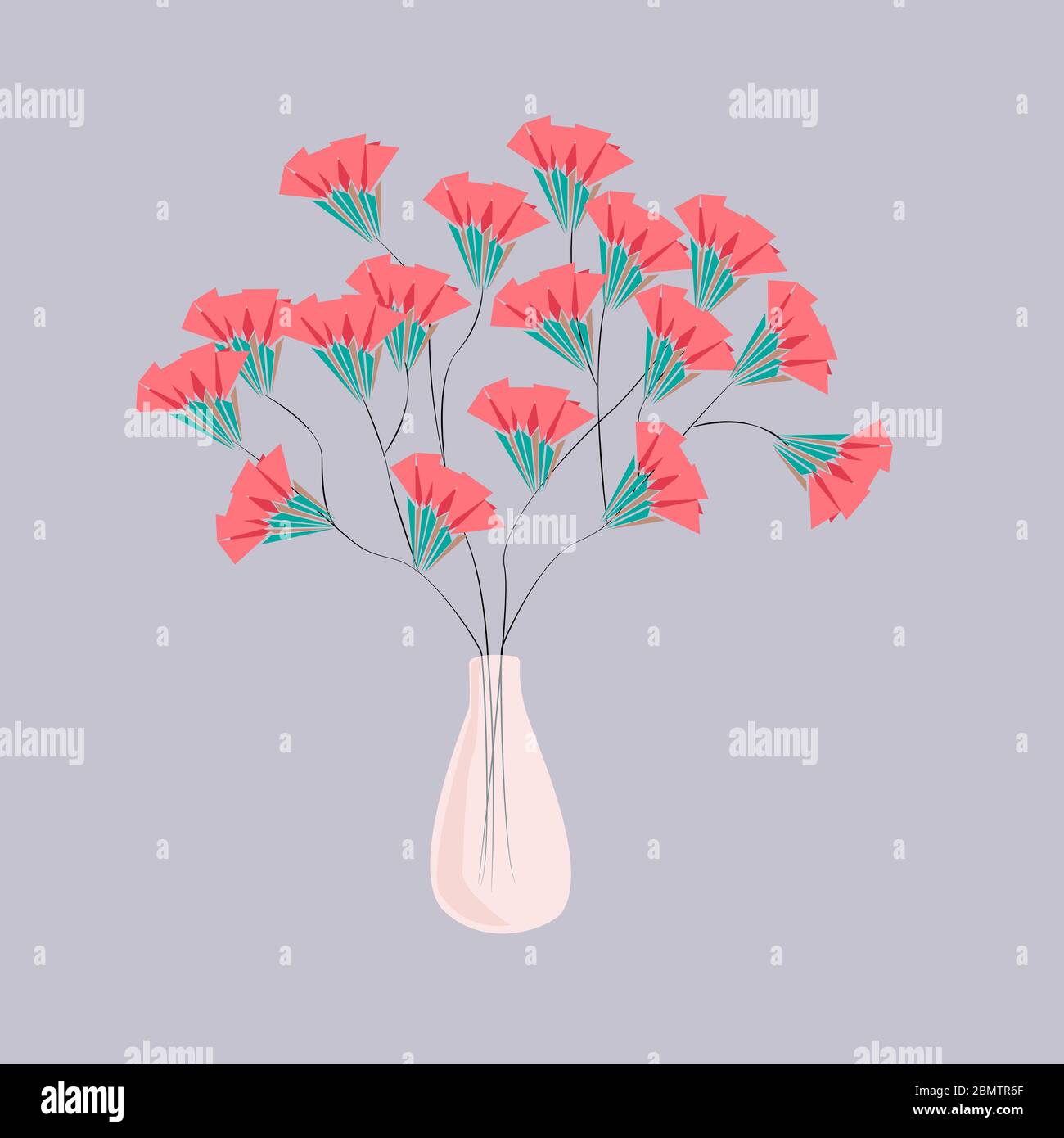 Fleurs roses délicates dans un vase en verre sur fond gris. Illustration vectorielle. Pour la conception de cartes postales, couvertures, imprimés de vêtements, papier d'emballage Illustration de Vecteur