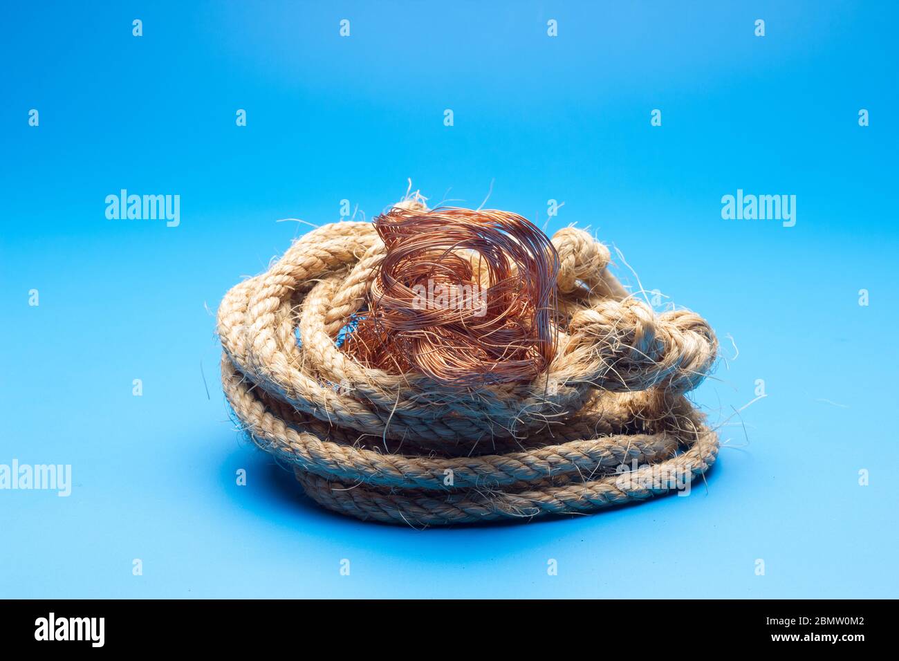 Filaments de cuivre, petits fils émetteurs et porteurs de courant électrique. Câbles en cuivre essentiels pour le transport de l'électricité. Banque D'Images