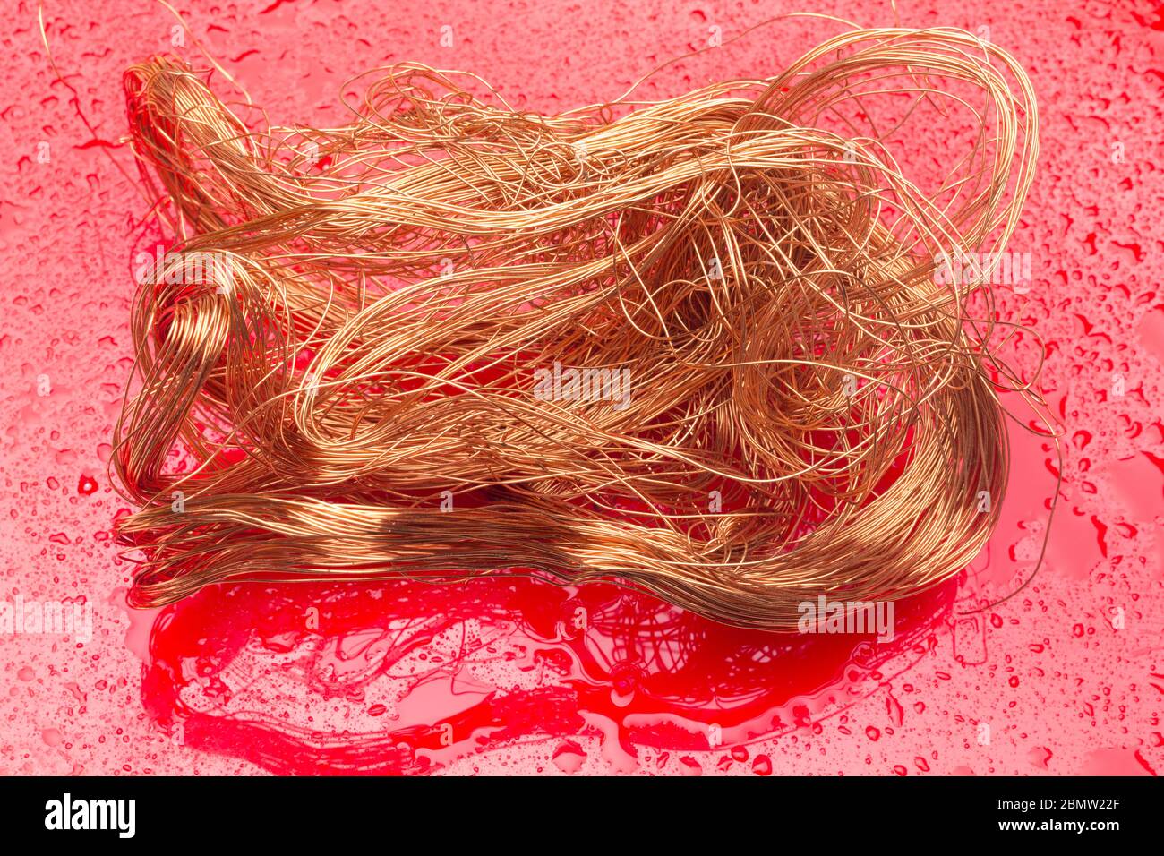 Filaments de cuivre, petits fils émetteurs et porteurs de courant électrique. Câbles en cuivre essentiels pour le transport de l'électricité. Banque D'Images