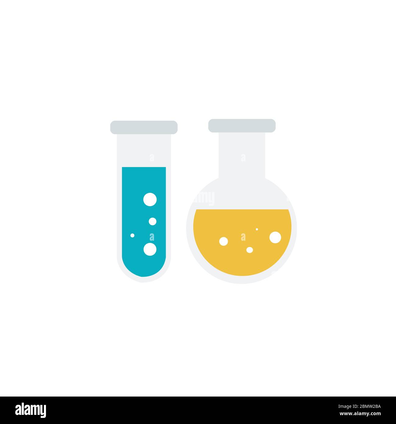 Verrerie de laboratoire sur fond blanc. Illustration de liquides de différentes couleurs dans un tube de laboratoire gradué, un bécher et un flacon. Equipement pour produit chimique Banque D'Images