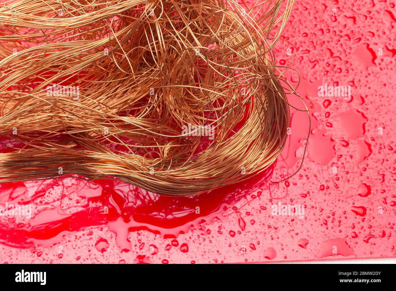 Filaments de cuivre, petits fils émetteurs et porteurs de courant électrique. Câbles en cuivre essentiels pour le transport de l'électricité. Banque D'Images