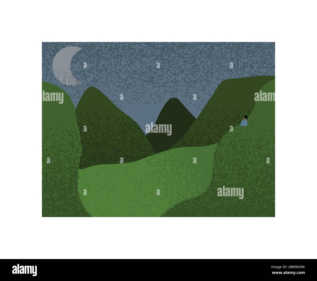 Détente nocturne vue scène de montagnes et de vallée avec la Lune et la figure humaine regardant la Lune tout en étant assis sur l'herbe Illustration de Vecteur