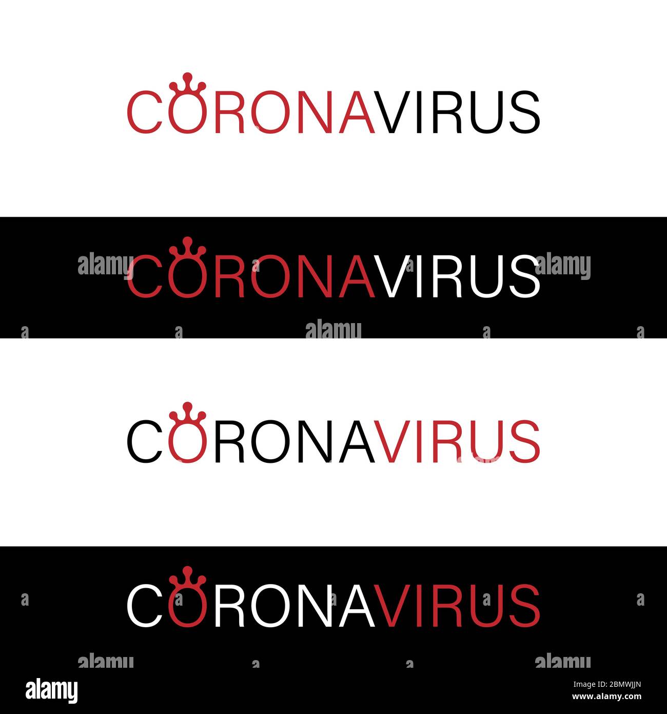 Coronavirus COVID-19 nom mot texte du signe pour l'en-tête de nouvelles , vecteur noir isolé sur blanc avec accent rouge forme de virus microbe comme la couronne Illustration de Vecteur