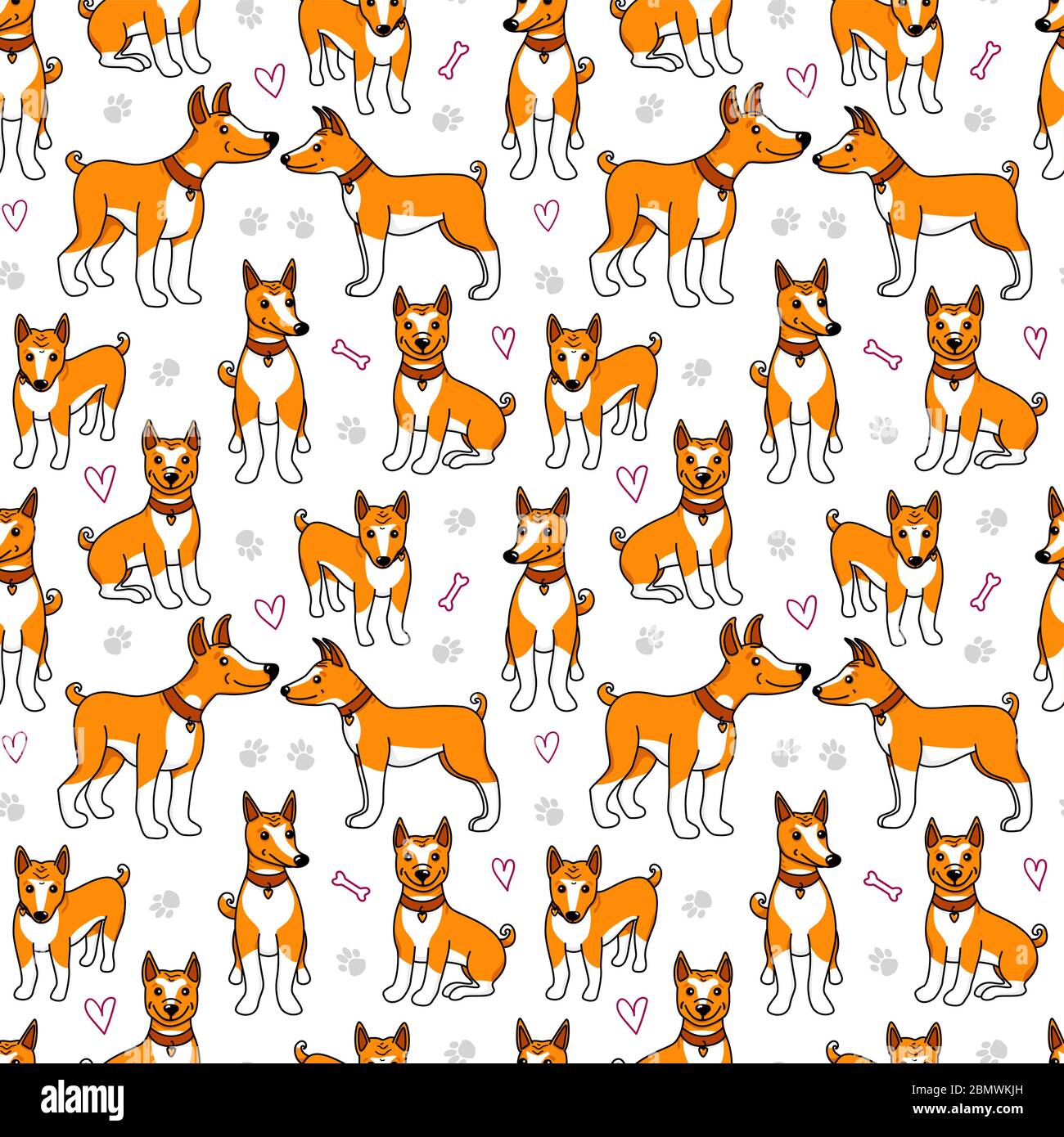 Motif sans coutures pour chiens Basenji. Illustration de la bande dessinée du chiot isolée sur le fond blanc. Surface modélisée Illustration de Vecteur