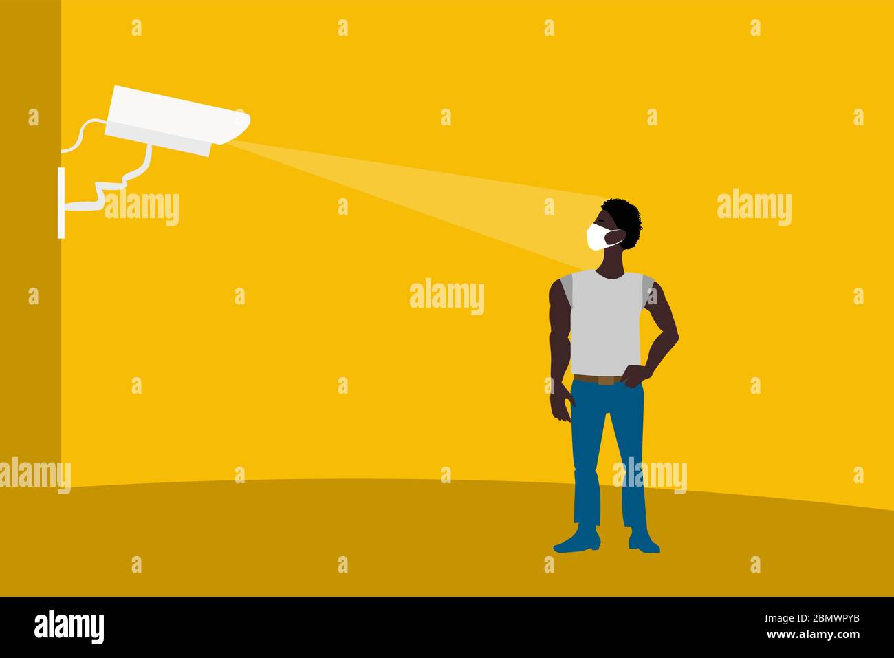 Reconnaissance faciale dans un masque médical, problèmes de vision informatique dans un mégalopole moderne pendant la période de danger épidémiologique. L'homme dans le masque. Illustration de Vecteur