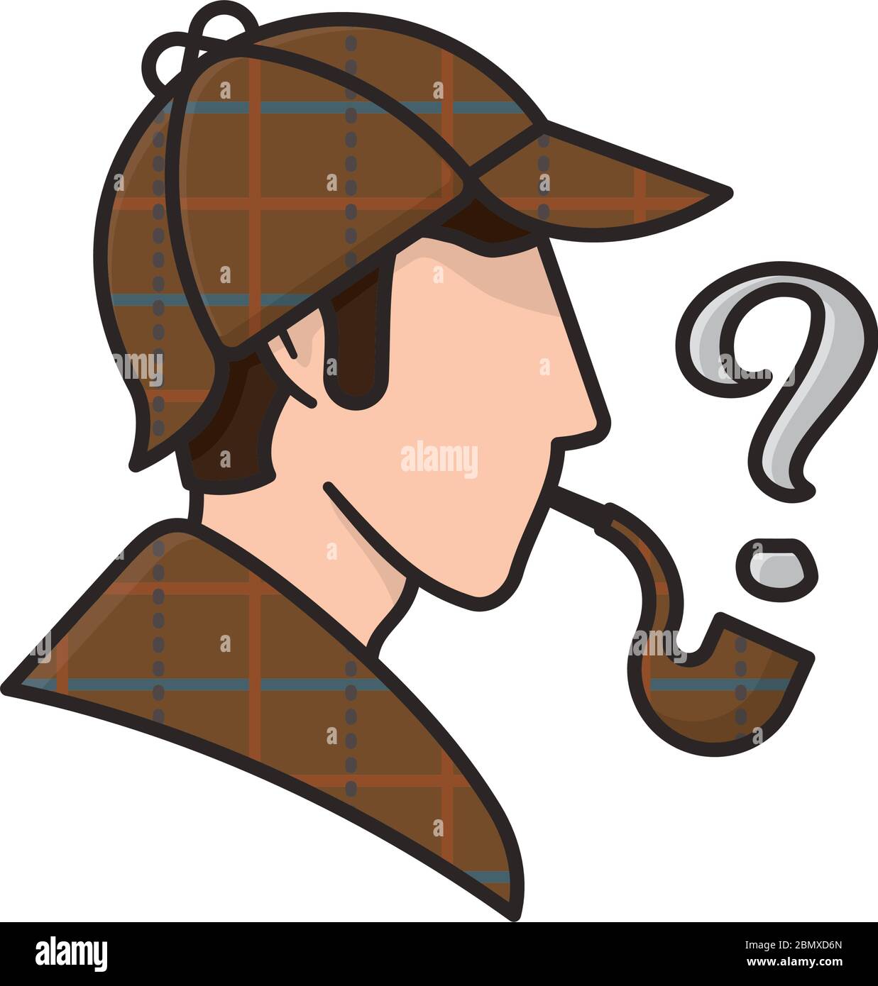 Sherlock Holmes profil de tête avec chapeau, cap et pipe, fumée comme point  d'interrogation, illustration vectorielle pour Sherlock Holmes Day isolé le  22 mai Image Vectorielle Stock - Alamy